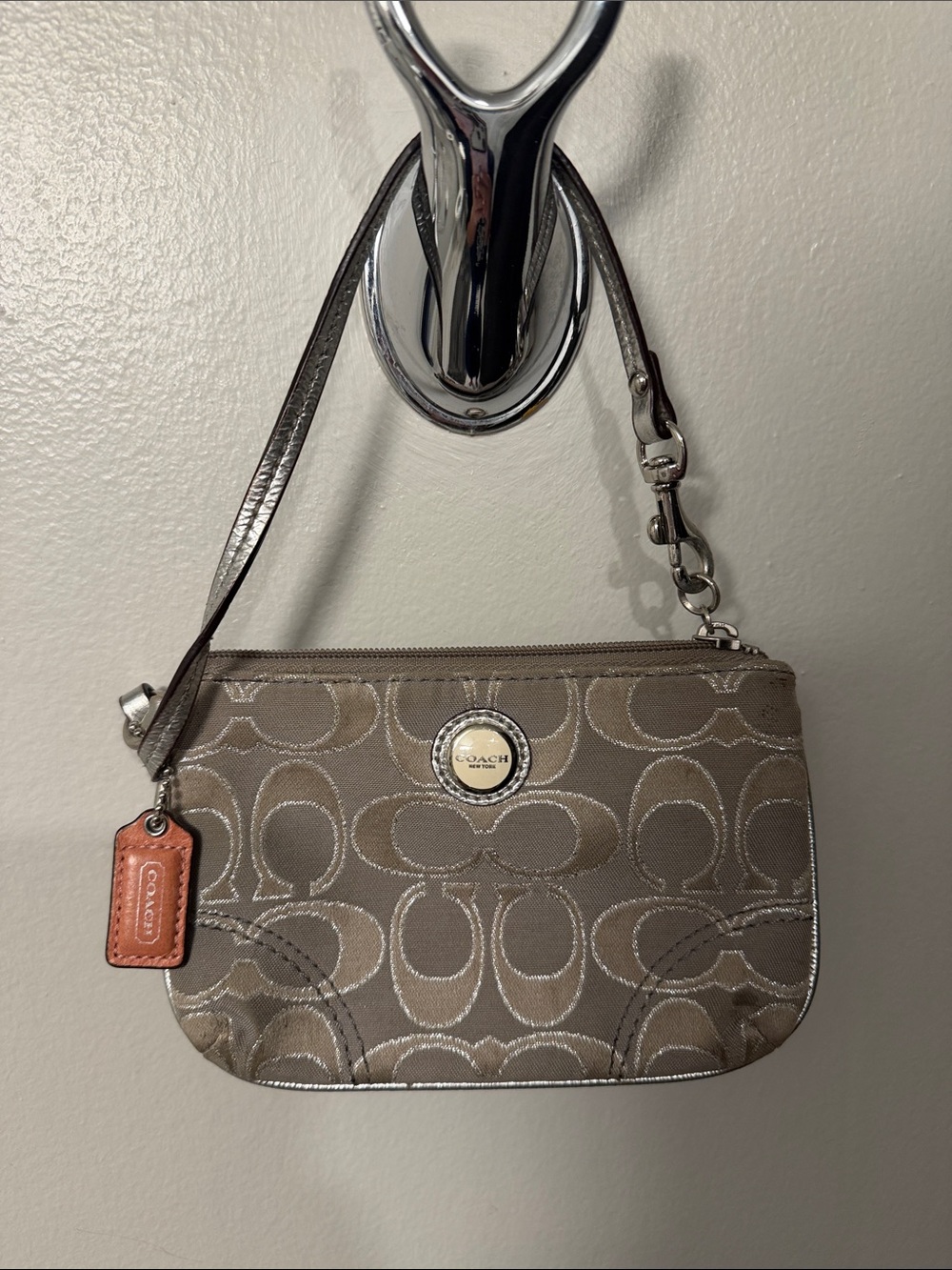 COACH Taupe Signature Jacquard Wristlet with Leather Tag